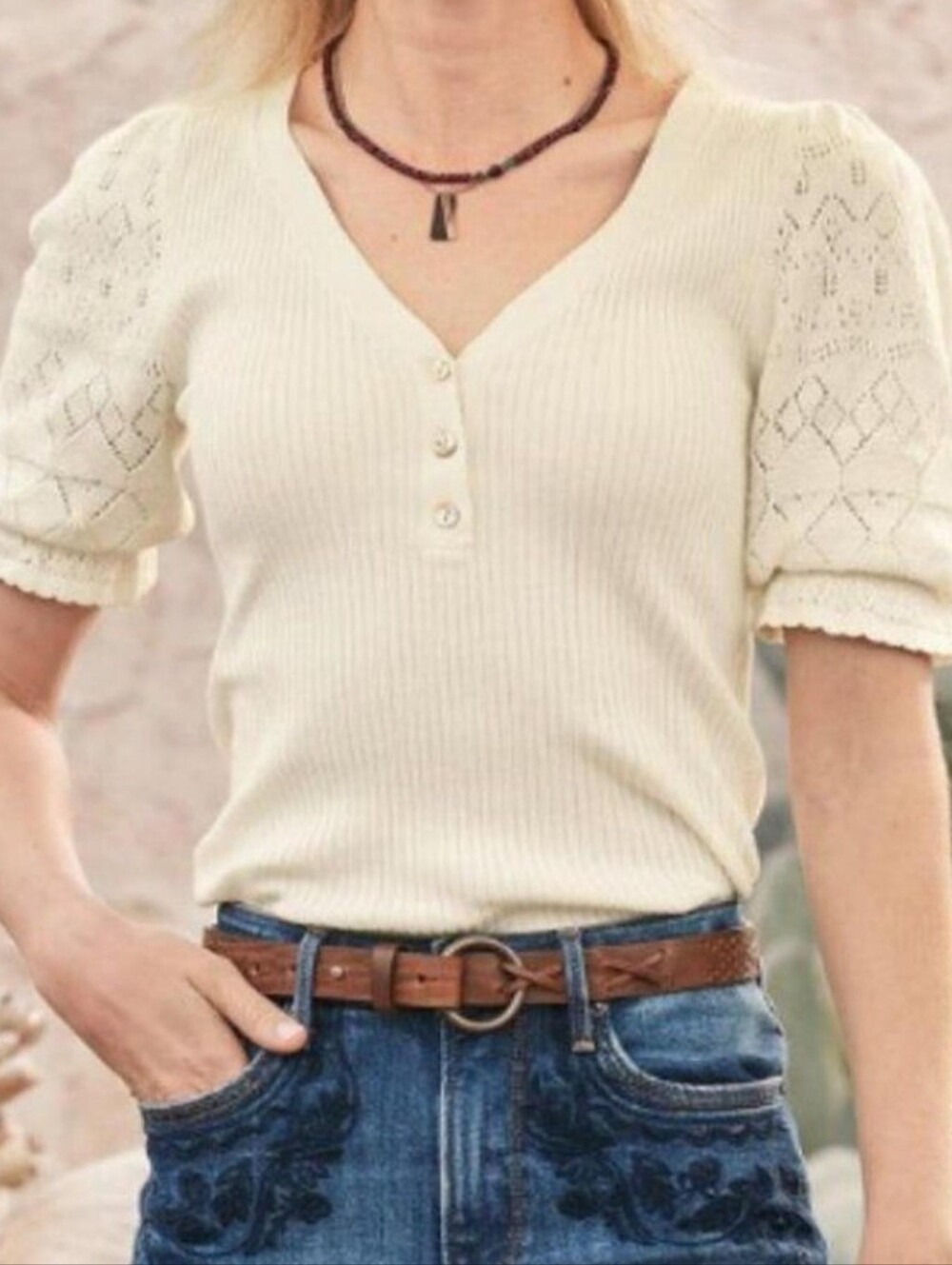 Sundance Purple Ribbed V-Neck Princess  Sleeve Top